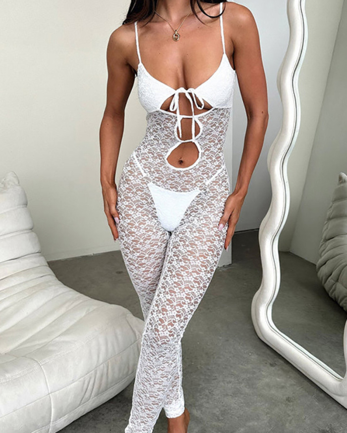 Hot Sale Hollow Out Lace Sling See Through Jumpsuit White Black S-L