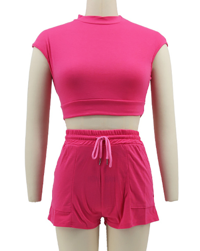 Popular Women Sporty Casual Style T-shirt Pocket Shorts Two Pieces Set Yellow Purple Gray Rosy S-2XL