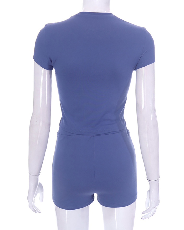 Short Sleeve Solid Color Crew Neck Fashion Crop Top Shorts Two-piece Set Blue Black S-L