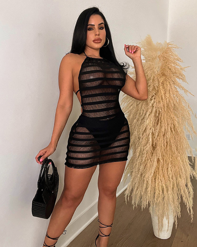 Black Open Back See Through Women Sexy Dress S-XL