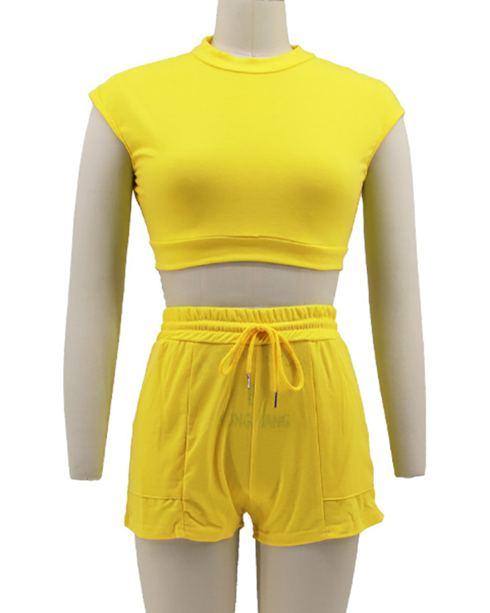 Popular Women Sporty Casual Style T-shirt Pocket Shorts Two Pieces Set Yellow Purple Gray Rosy S-2XL