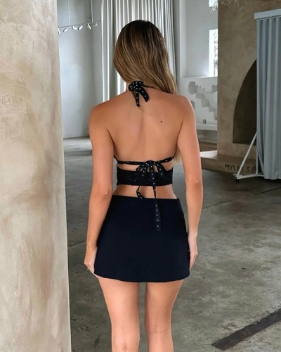 Sexy Deep V-Neck Backless Hollow Out Rivet Mini Dress Black S-L