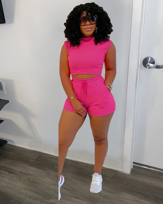 Popular Women Sporty Casual Style T-shirt Pocket Shorts Two Pieces Set Yellow Purple Gray Rosy S-2XL