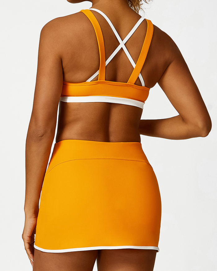Colorblock Criss Cross Sports Bra Tennis Skirts Yoga Two-piece Sets S-L