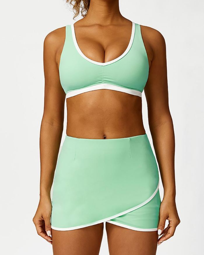 Colorblock Criss Cross Sports Bra Tennis Skirts Yoga Two-piece Sets S-L