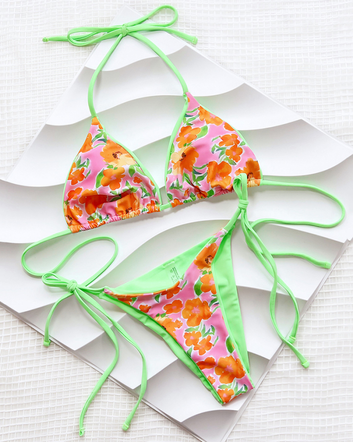 Florals Printed Tie Side String Halter Neck Two-piece Swimsuit Orange S-L