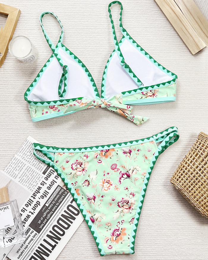 Florals Printed Hollow Out High Cut Two-piece Swimsuit Bikini Green S-L