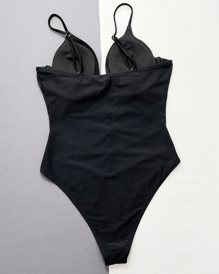 Hollow Out Mesh High Waist Women One-piece Swimsuit Black S-L