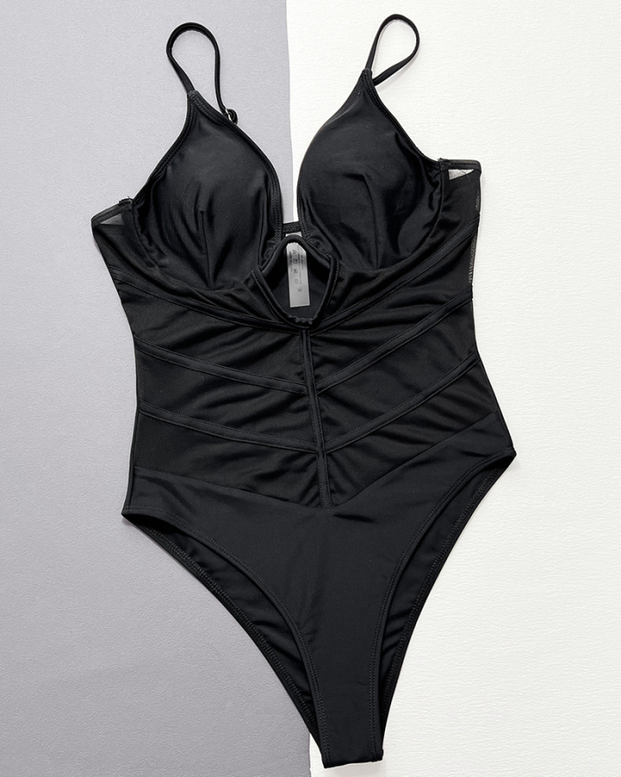 Hollow Out Mesh High Waist Women One-piece Swimsuit Black S-L