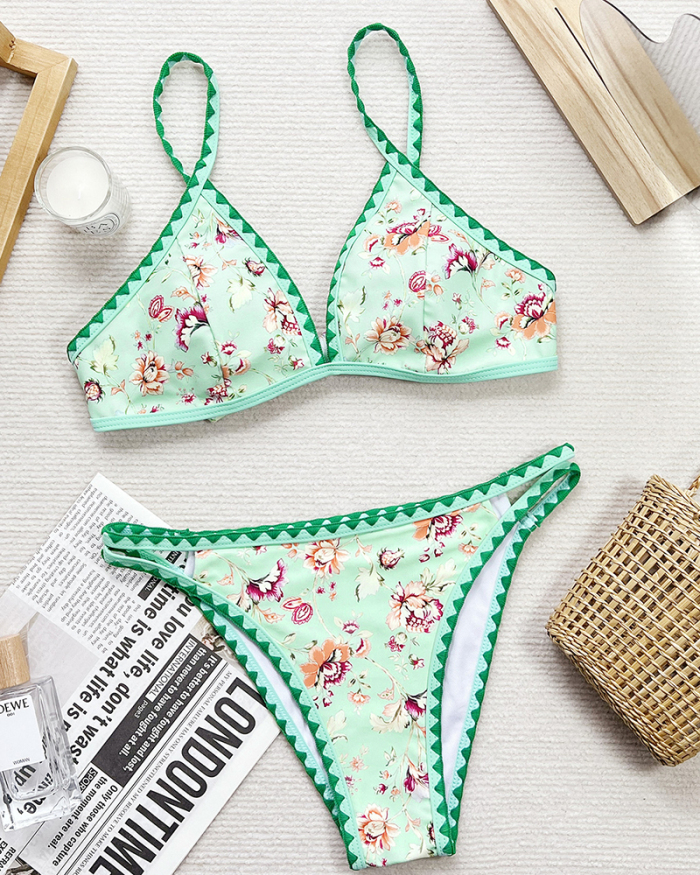 Florals Printed Hollow Out High Cut Two-piece Swimsuit Bikini Green S-L