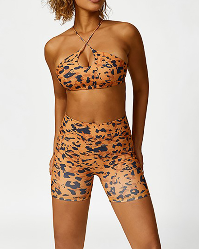 Presale Leopard Pring Halter Neck Bra Shorts Pants Sports Matching Sets Two-piece Sets S-L