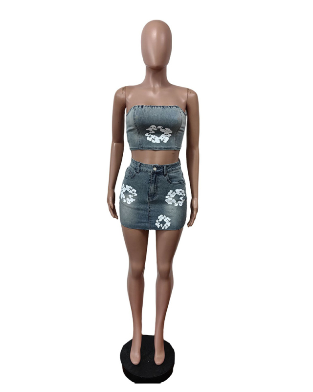 Printed Cute Women Jean Blue Skirt Set S-XXL