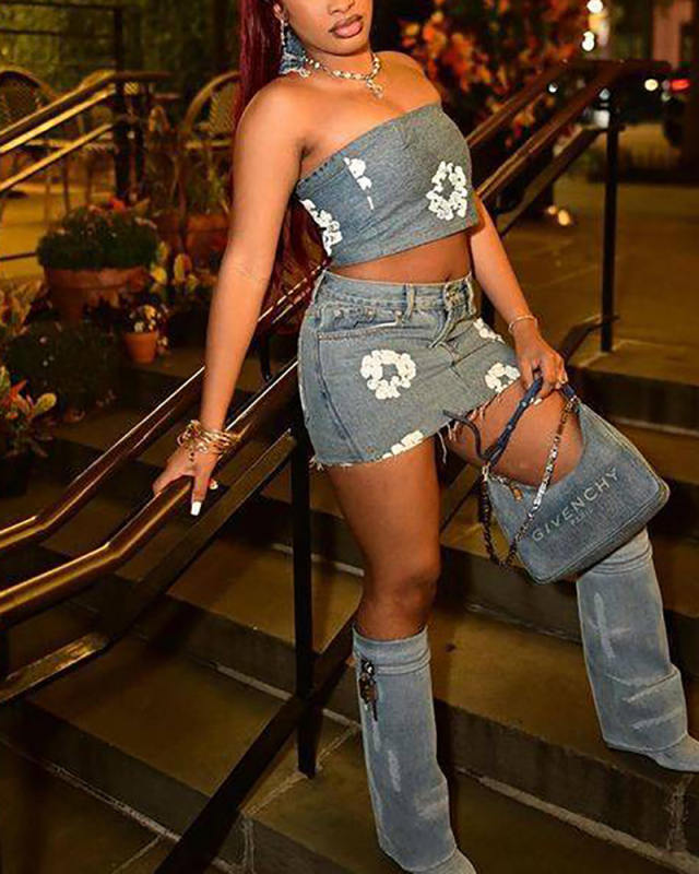 Printed Cute Women Jean Blue Skirt Set S-XXL