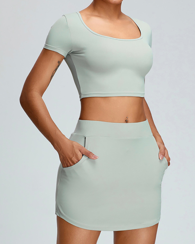 Sports Short Sleeve Crop Top Yoga Two-piece Skirt Sets S-XL