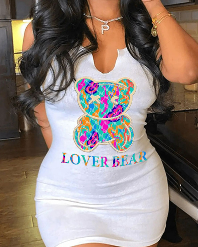 Lovely Bear Printed U-Neck Women Causal Dress XS-XL