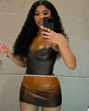 PU Women Fashion Colorblock Two Piece Skirt Set S-L