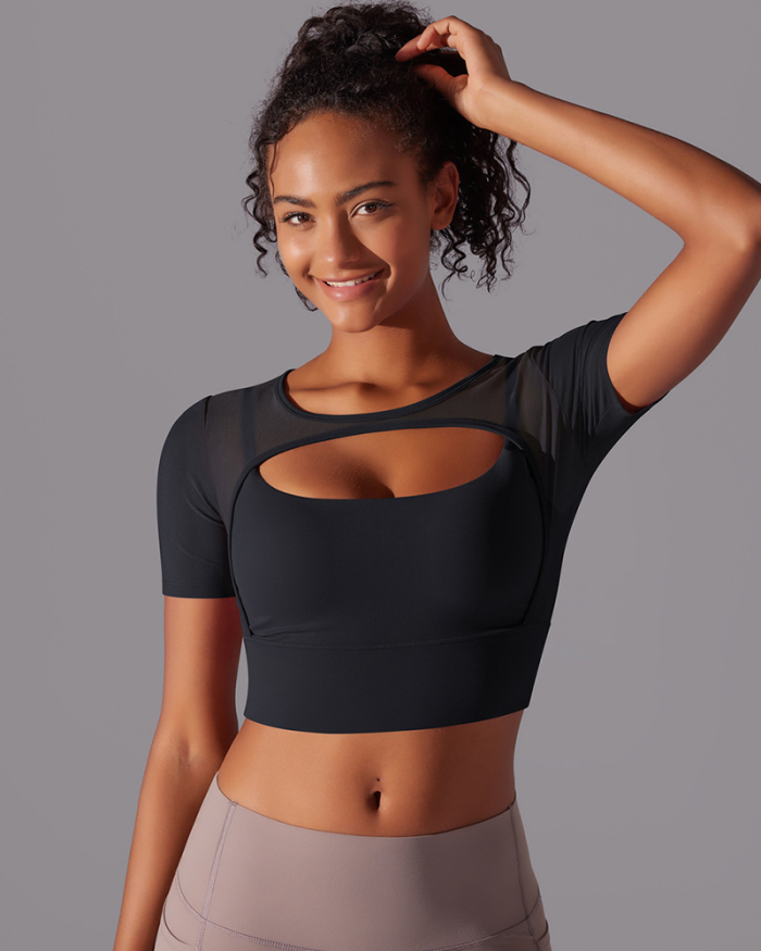 Running Training Hollow Out Patchwork Fixed Pad Short Sleeve Crop Top T-shirt S-XL