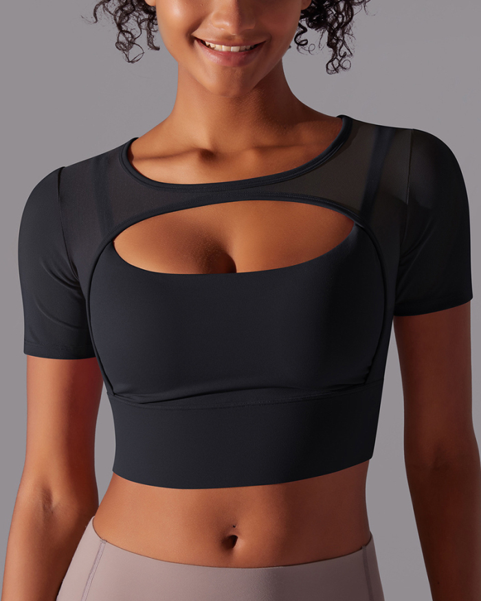 Running Training Hollow Out Patchwork Fixed Pad Short Sleeve Crop Top T-shirt S-XL