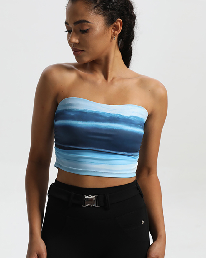 Colorblock Printed Summer Strapless Fitness Sports Tube Top Blue Red S-L