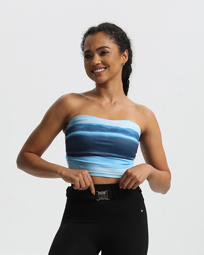 Colorblock Printed Summer Strapless Fitness Sports Tube Top Blue Red S-L