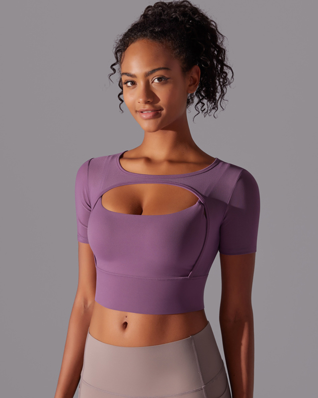 Running Training Hollow Out Patchwork Fixed Pad Short Sleeve Crop Top T-shirt S-XL