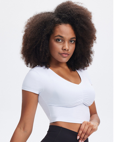 Women V Neck Short Sleeve Elastic Slim Traning Fitness T-shirt S-XL