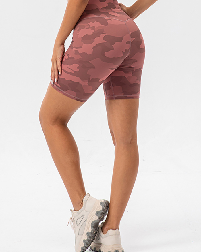 Hot Sale Camo Printed High Waist Peach Hip Sports Shorts S-2XL