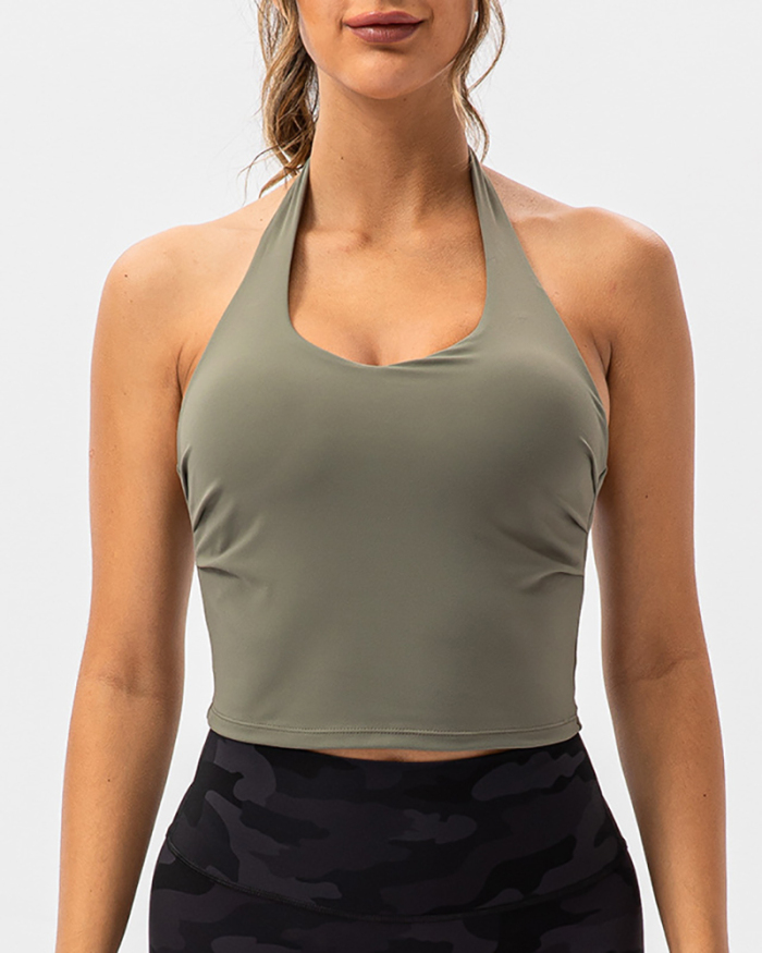 Women Sleeveless Halter Neck Solid Color Fitness Sports Active Vest White Black Green Blue S-2XL