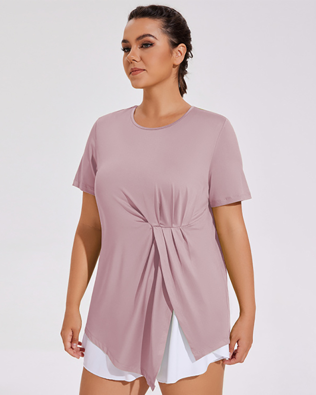 Active Wear Short Sleeve Irregular Ruched Plus Size Sports Cover T-shirt Black Green Purple XL-4XL