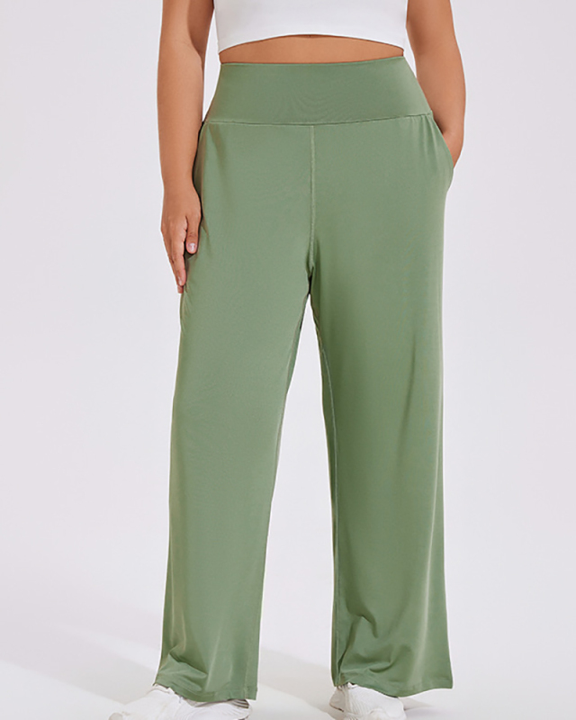 High Waist Loose Wide Leg Sports Plus Size Pants Green Khaki Black XL-4XL