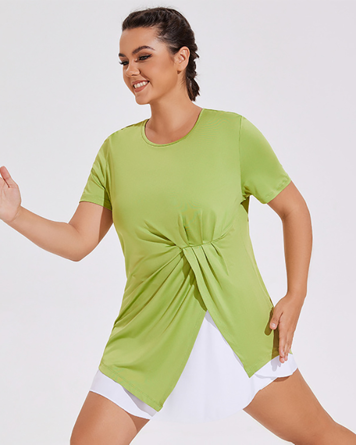 Active Wear Short Sleeve Irregular Ruched Plus Size Sports Cover T-shirt Black Green Purple XL-4XL
