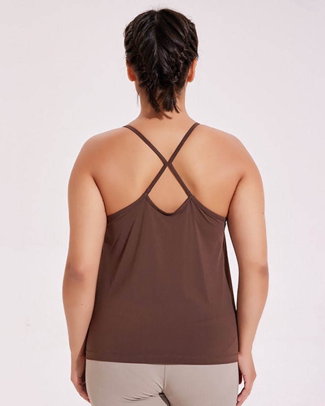 Sling Criss Cross Back Sleeveless Inside Removeable Pad Plus Size Sports Fitness Vest Brown Apricot Black XL-4XL