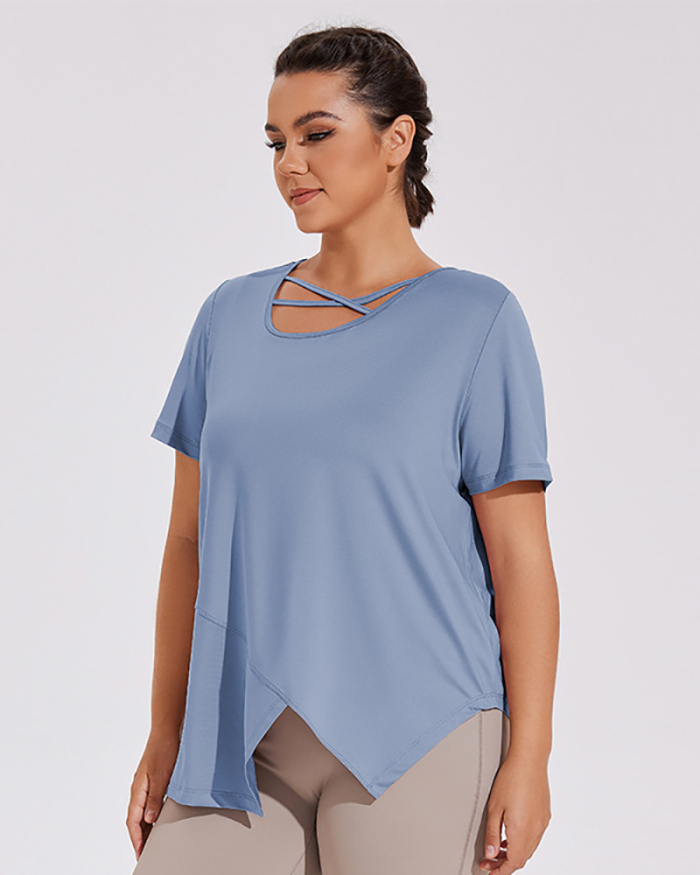 Irregular Criss Neck Short Sleeve Quick Drying Women Plus Size Sports T-shirt Blue Purple Black XL-4XL