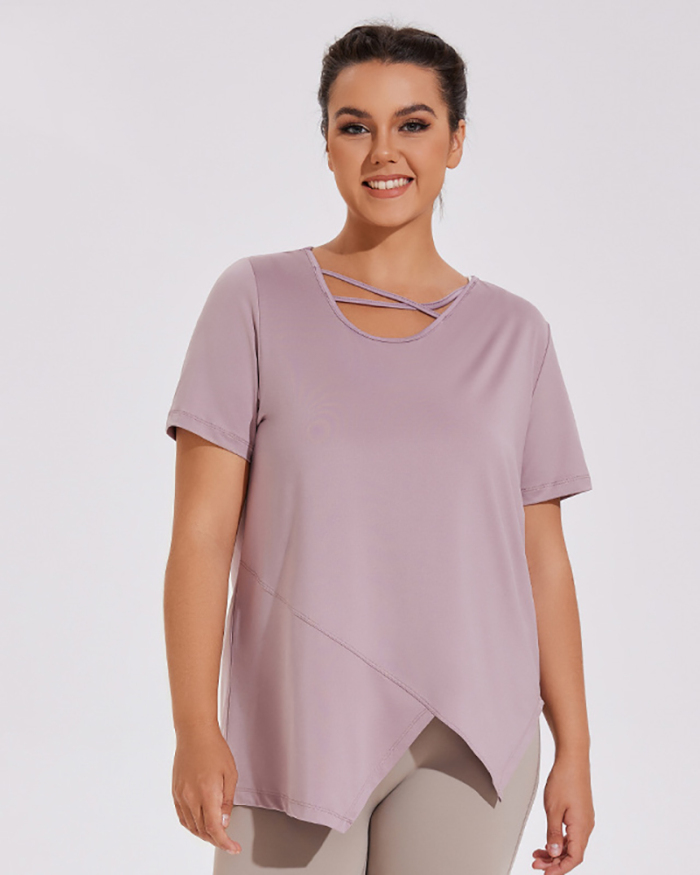 Irregular Criss Neck Short Sleeve Quick Drying Women Plus Size Sports T-shirt Blue Purple Black XL-4XL