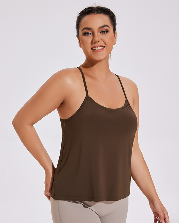 Sling Criss Cross Back Sleeveless Inside Removeable Pad Plus Size Sports Fitness Vest Brown Apricot Black XL-4XL
