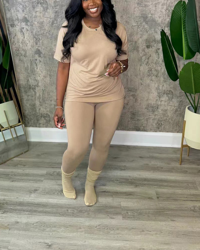 Short Sleeve Solid Color Women Two Piece Pant Outfits S-XL