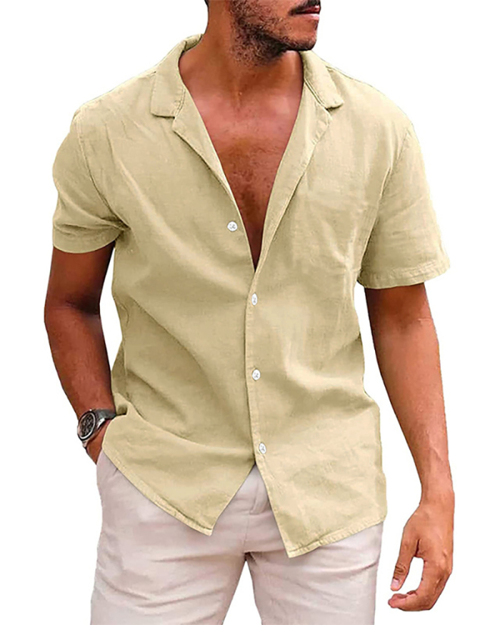 Summer Lapel Solid Color Short Sleeve Button Men's T-shirt S-2XL