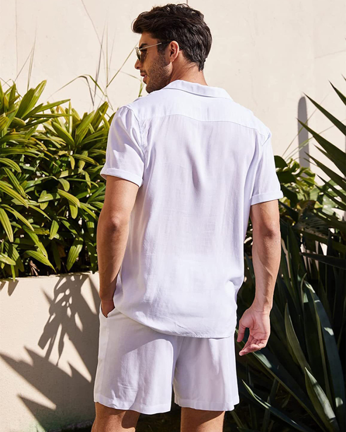 Lapel Short Sleeve Summer Flax Casual T-shirt Shorts Set M-3XL