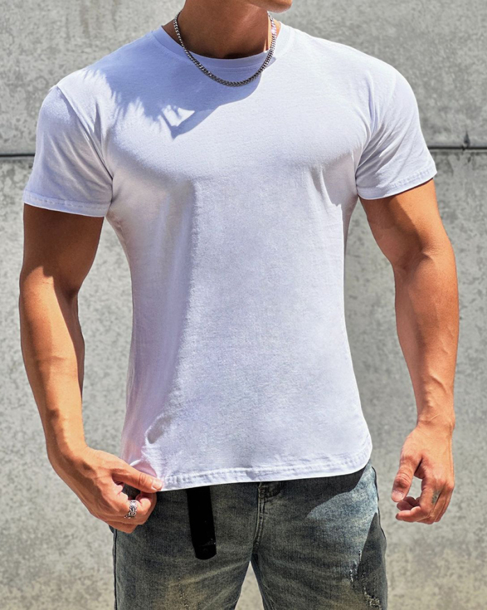 Solid Color O Neck Short Sleeve Men's Fitness T-shirt White Black Pink Blue Gray M-2XL