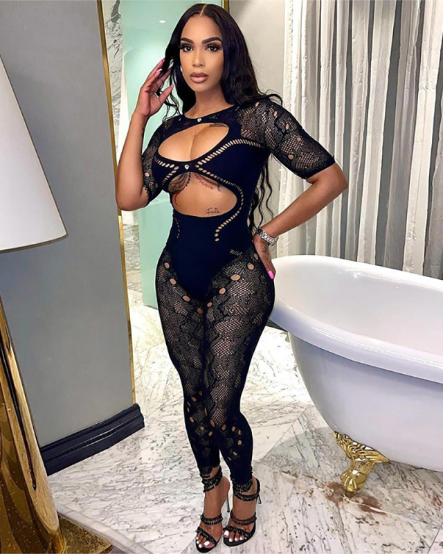 Short Sleeve Mesh See Through Women Jumpsuit