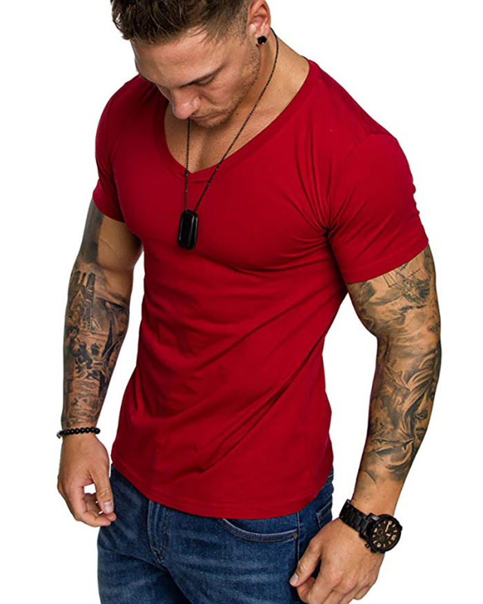 Short Sleeve V Neck Solid Color Pullover T-shirt White Red Black Navy Blue Gray M-3XL