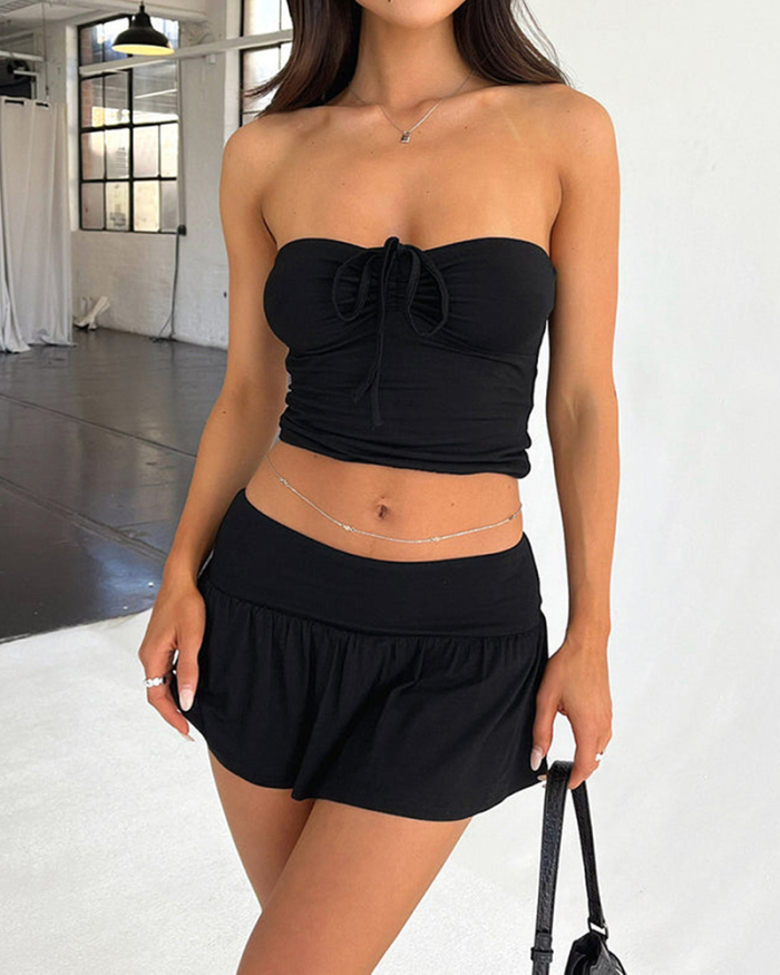 Solid Color Women Strapless Cute Two Piece Skirt Set XS-L