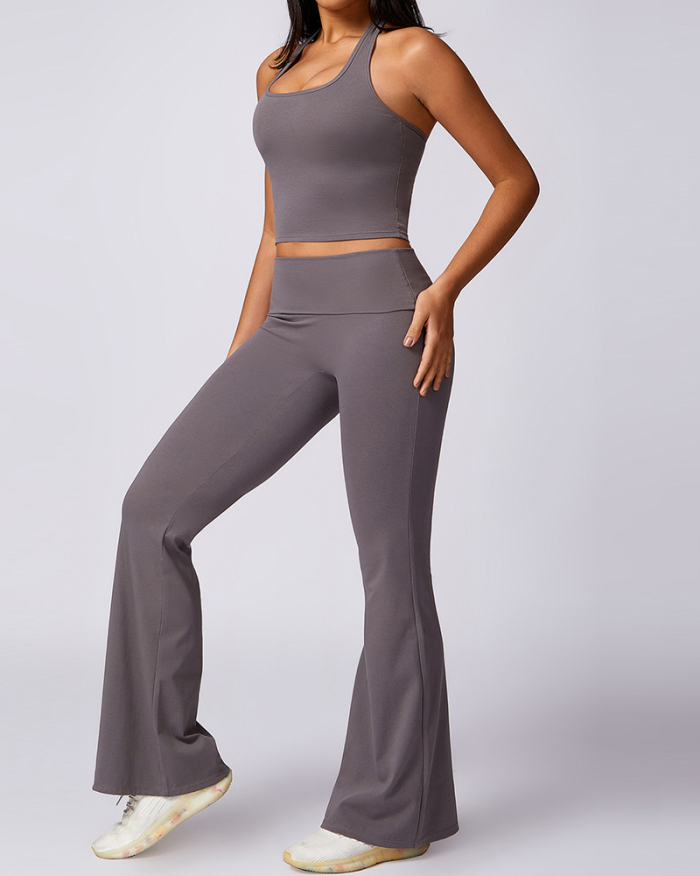 OEM Halter Neck Vest Slim High Waist Pants Yoga Two Piece Sets Black Brown Pink White Gray S-XL