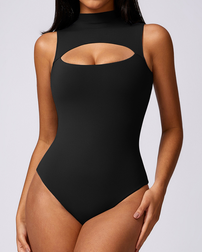 Women Slim Hollow Out Sleeveless Bodysuit Black Cofffee Gray Rosy S-XL