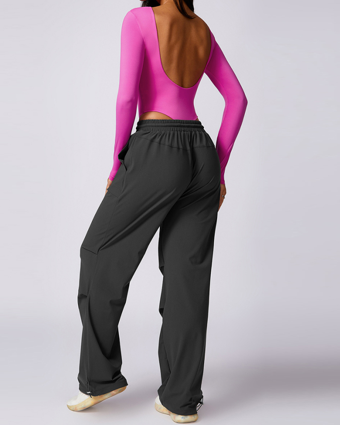 Wholesale Price MOQ 1PCS Long Sleeve Slim Low Back Yoga Bodysuit Rosy Coffee Black S-XL
