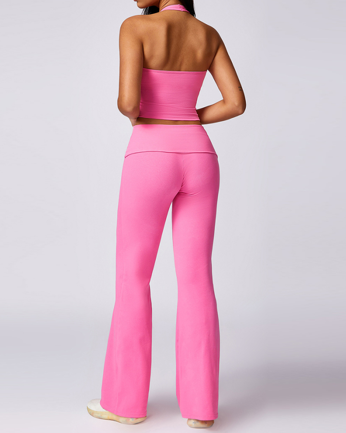 OEM Halter Neck Vest Slim High Waist Pants Yoga Two Piece Sets Black Brown Pink White Gray S-XL