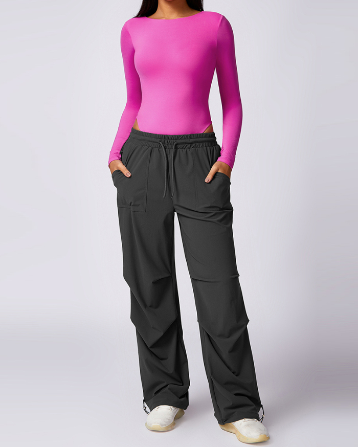 Wholesale Price MOQ 1PCS Long Sleeve Slim Low Back Yoga Bodysuit Rosy Coffee Black S-XL