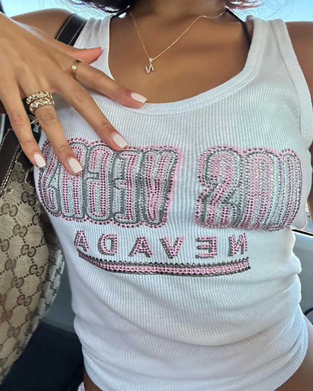 Diamond Letter Printed Sleevelss Tops S-L