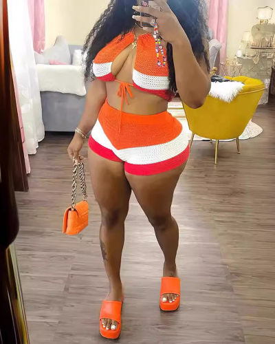 Colorblock Women Halter Neck High Waist Short Sets Two Pieces Outfit Orange XS-XL