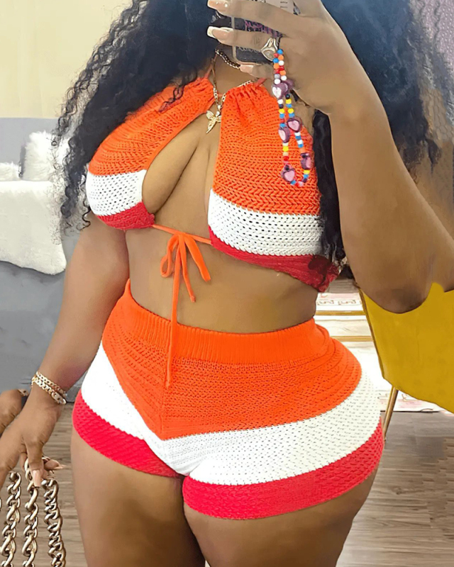 Colorblock Women Halter Neck High Waist Short Sets Two Pieces Outfit Orange XS-XL